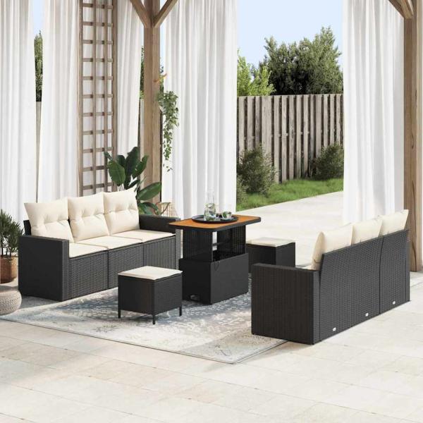 ARDEBO.de - 9-teiliges Garten-Sofa-Set mit Kissen schwarzes Poly-Rattan Akazie, 3-teiliges Garten-Ess-Set mit Kissen schwarzes Poly-Rattan Akazie