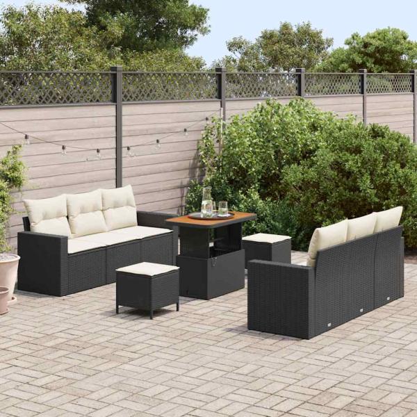 9-teiliges Garten-Sofa-Set mit Kissen schwarzes Poly-Rattan Akazie, 3-teiliges Garten-Ess-Set mit Kissen schwarzes Poly-Rattan Akazie