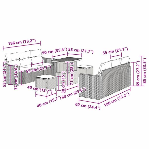 9-teilige Garten Sofaset mit Kissen Beige Poly Rattan Akazie, 3-teiliges Garten Esstischset mit Kissen Beige Poly Rattan Akazie