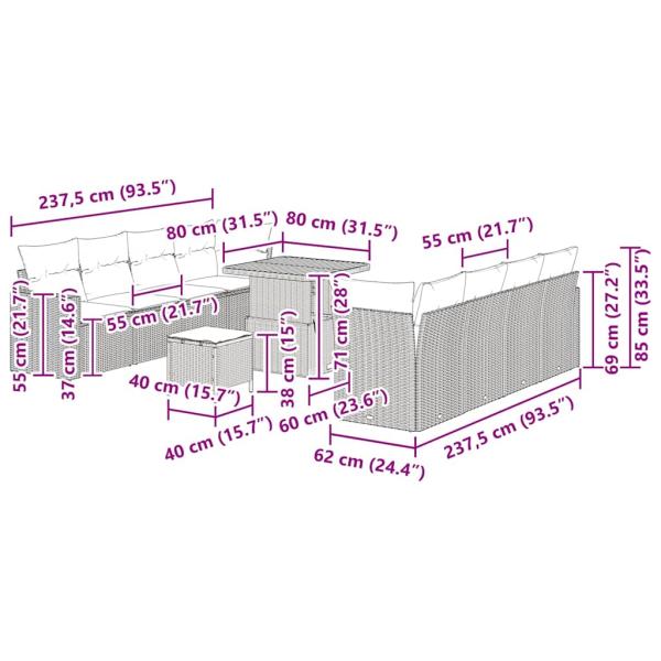 11-teiliges Garten Sofa Set mit K cushions Schwarz Poly Rattan Akazie, 3-teiliges Garten Esszimmer Set mit K cushions Schwarz Poly Rattan Akazie