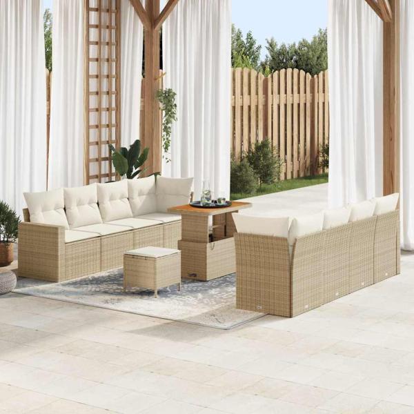 ARDEBO.de - 11-teiliges Garten-Sofa-Set mit Kissen in Beige, Poly-Rattan, Akazie, 3-teiliges Garten-Ess-Set mit Kissen in Beige, Poly-Rattan, Akazie