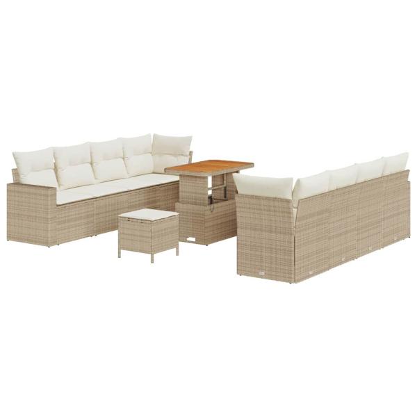 11-teiliges Garten-Sofa-Set mit Kissen in Beige, Poly-Rattan, Akazie, 3-teiliges Garten-Ess-Set mit Kissen in Beige, Poly-Rattan, Akazie