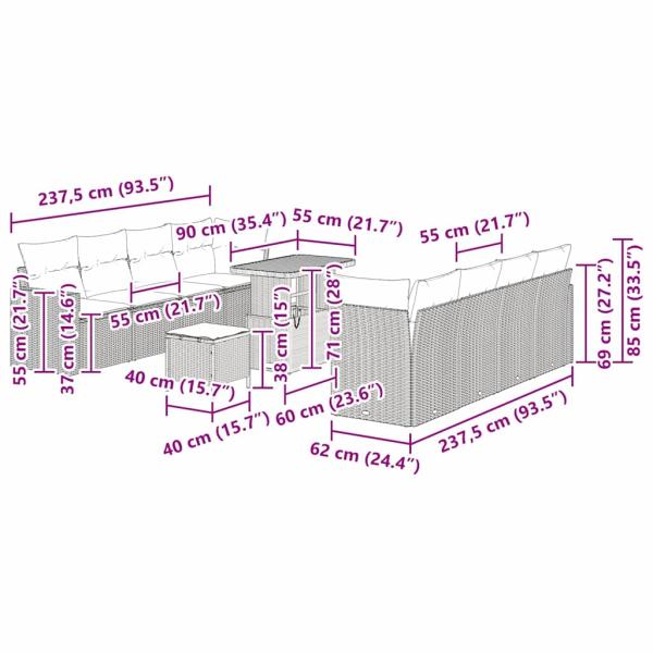 11-teiliges Garten-Sofa-Set mit Kissen in Beige, Poly-Rattan, Akazie, 3-teiliges Garten-Ess-Set mit Kissen in Beige, Poly-Rattan, Akazie