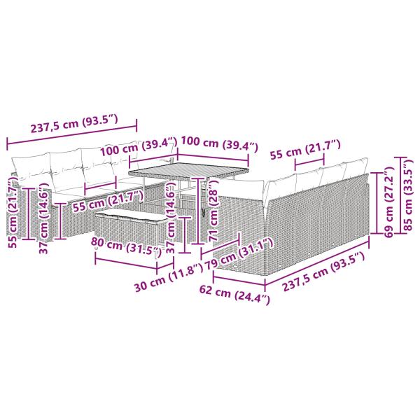 ARDEBO.de - 11-teiliges Garten-Sofa-Set mit Kissen Schwarz Poly-Rattan Akazie, 3-teiliges Garten-Dining-Set mit Kissen Schwarz Poly-Rattan Akazie