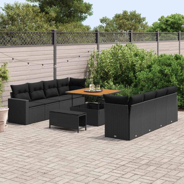11-teiliges Garten-Sofa-Set mit Kissen Schwarz Poly-Rattan Akazie, 3-teiliges Garten-Dining-Set mit Kissen Schwarz Poly-Rattan Akazie