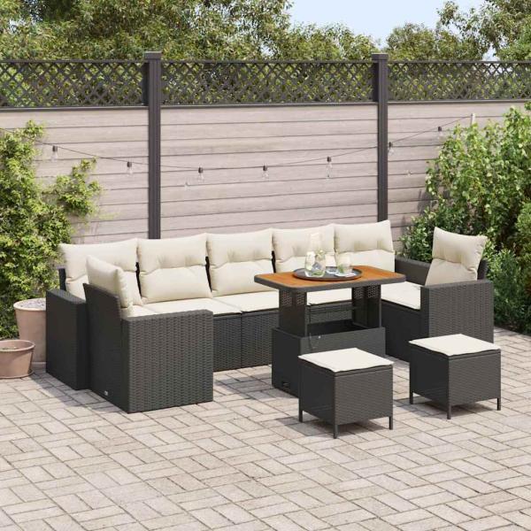ARDEBO.de - 10tlg. Garten-Sofa-Set mit Kissen Schwarz Poly Rattan Akazie, 3tlg. Garten-Ess-Set mit Kissen Schwarz Poly Rattan Akazie