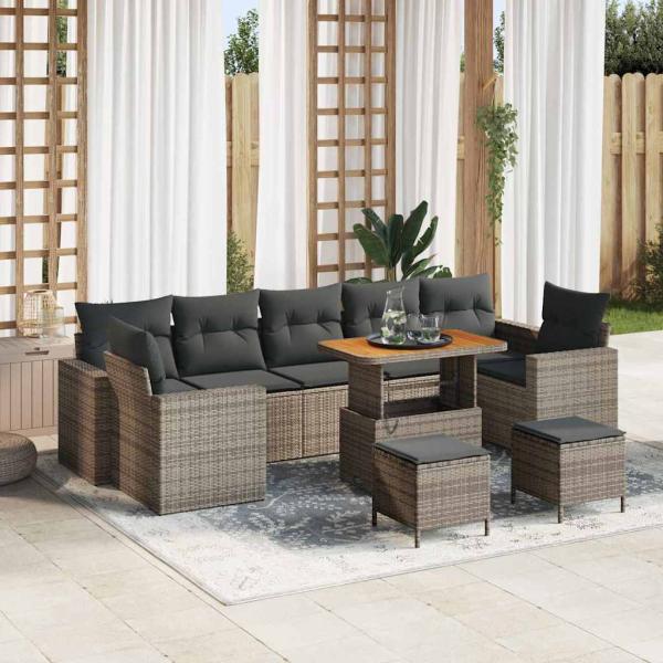ARDEBO.de - 10-teiliges Garten-Sofa-Set mit grauen Kissen aus Poly Rattan und Akazie, 3-teiliges Garten-Dining-Set mit grauen Kissen aus Poly Rattan und Akazie