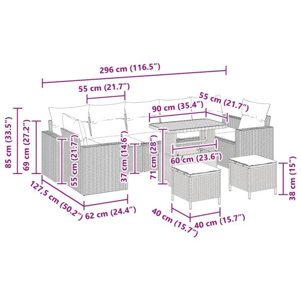 10-teiliges Garten-Sofa-Set mit grauen Kissen aus Poly Rattan und Akazie, 3-teiliges Garten-Dining-Set mit grauen Kissen aus Poly Rattan und Akazie