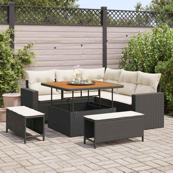 ARDEBO.de - 8-teiliges Garten-Sofa-Set mit Kissen Schwarz Poly-Rattan Akazie, 3-teiliges Garten-Dining-Set mit Kissen Schwarz Poly-Rattan Akazie