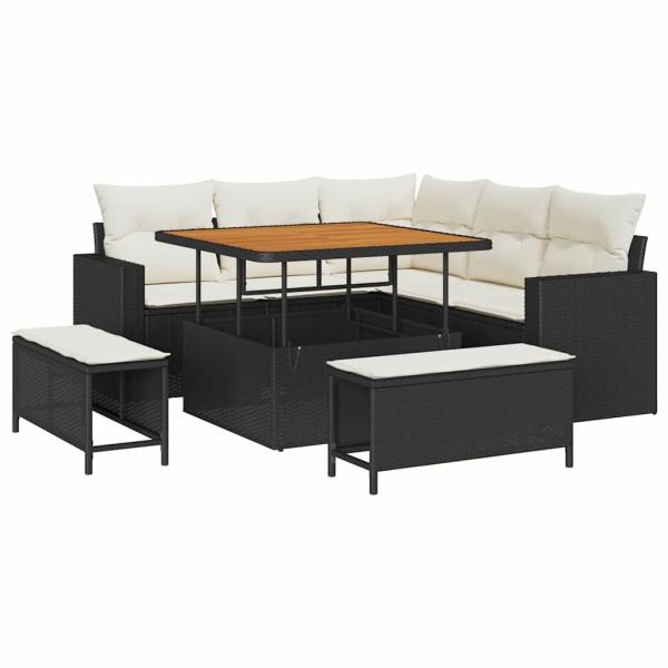 8-teiliges Garten-Sofa-Set mit Kissen Schwarz Poly-Rattan Akazie, 3-teiliges Garten-Dining-Set mit Kissen Schwarz Poly-Rattan Akazie