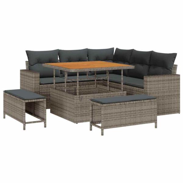 8-teiliges Garten-Sofa-Set mit Kissen Grau Poly-Rattan Akazie, 3-teiliges Garten-Ess-Set mit Kissen Grau Poly-Rattan Akazie