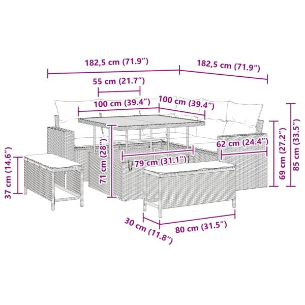 8-teiliges Garten-Sofa-Set mit Kissen Grau Poly-Rattan Akazie, 3-teiliges Garten-Ess-Set mit Kissen Grau Poly-Rattan Akazie