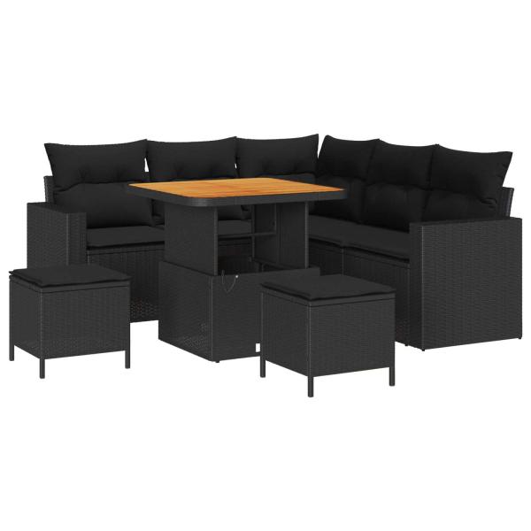ARDEBO.de - 8-teiliges Garten Sofa Set mit Kissen Schwarz Poly Rattan Akazie, 3-teiliges Garten Ess-Set mit Kissen Schwarz Poly Rattan Akazie