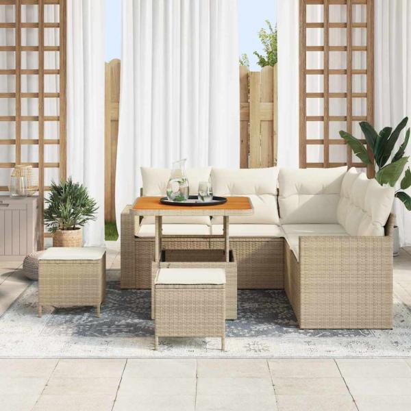 8-teiliges Garten-Sofaset mit Kissen Beige Poly Rattan Akazie, 3-teiliges Garten-Ess-Set mit Kissen Beige Poly Rattan Akazie