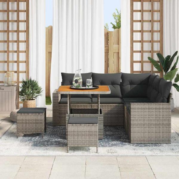 8-teiliges Garten-Sofa-Set mit Kissen Grau Poly Rattan Akazie, 3-teiliges Garten-Dining-Set mit Kissen Grau Poly Rattan Akazie