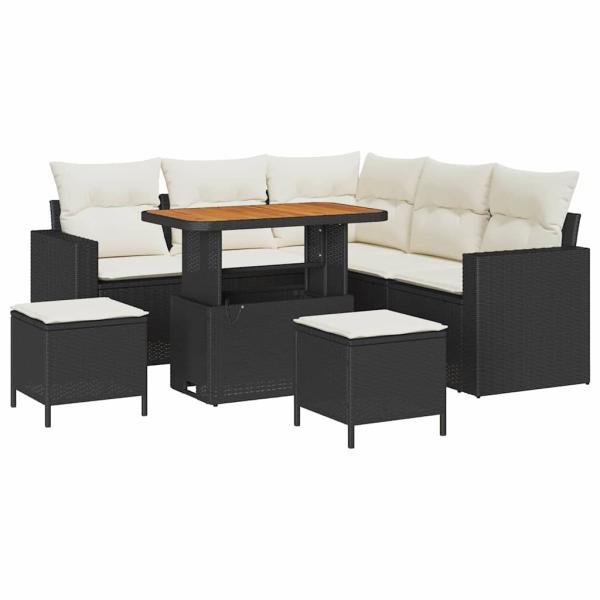 8-teiliges Garten-Sofa-Set mit Kissen, schwarzes Poly-Rattan, Akazie, 3-teiliges Garten-Ess-Set mit Kissen, schwarzes Poly-Rattan, Akazie