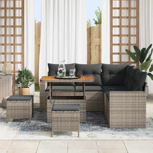 8-teiliges Garten Sofa Set mit Kissen Grau Poly Rattan Akazie, 3-teiliges Garten Esszimmer Set mit Kissen Grau Poly Rattan Akazie