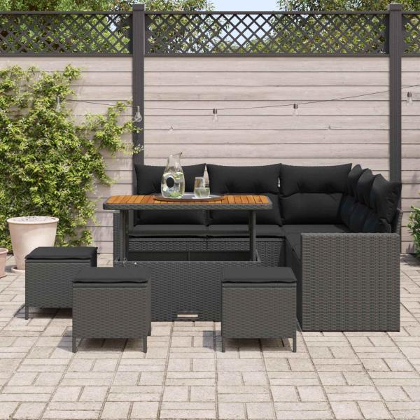 9-teilige Garten Sofa Set mit Kissen Schwarz Poly Rattan Akazie, 4-teiliges Garten Essset mit Kissen Schwarz Poly Rattan Akazie