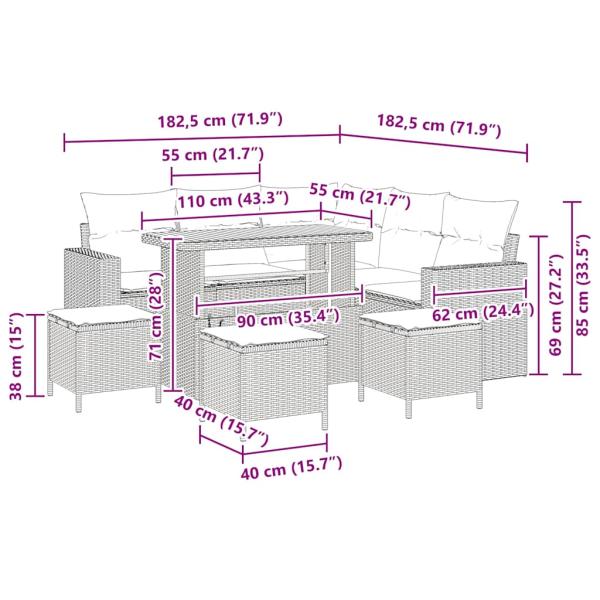 9-teiliges Garten Sofa Set mit Kissen Schwarz Poly Rattan Akazie, 4-teiliges Garten Esszimmer Set mit Kissen Schwarz Poly Rattan Akazie