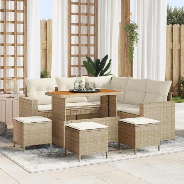 ARDEBO.de - 9-teiliges Garten-Sofaset mit Kissen Beige Poly-Rattan Akazie, 4-teiliges Garten-Dining-Set mit Kissen Beige Poly-Rattan Akazie