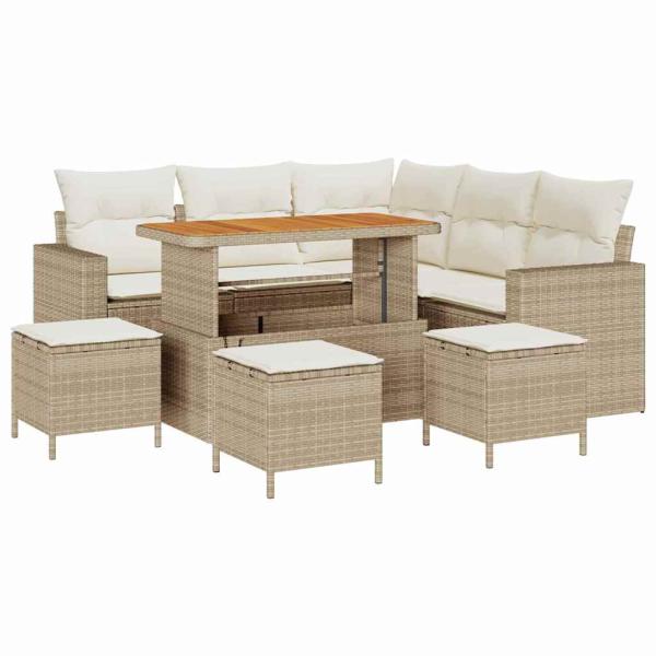 9-teiliges Garten-Sofaset mit Kissen Beige Poly-Rattan Akazie, 4-teiliges Garten-Dining-Set mit Kissen Beige Poly-Rattan Akazie