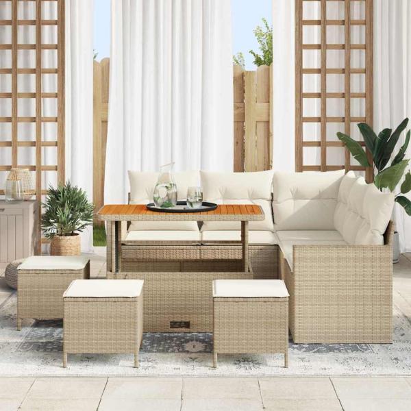 9-teiliges Garten-Sofaset mit Kissen Beige Poly-Rattan Akazie, 4-teiliges Garten-Dining-Set mit Kissen Beige Poly-Rattan Akazie