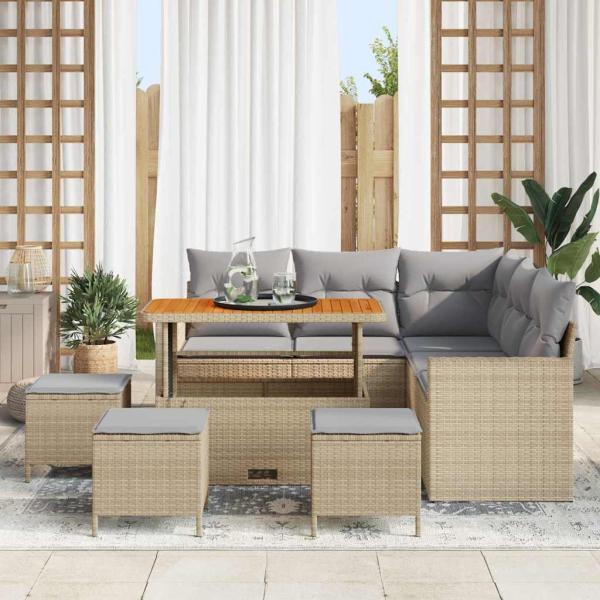 9-teiliges Garten Sofaset mit Kissen Beige Poly-Rattan Akazie, 4-teiliges Garten Essset mit Kissen Beige Poly-Rattan Akazie