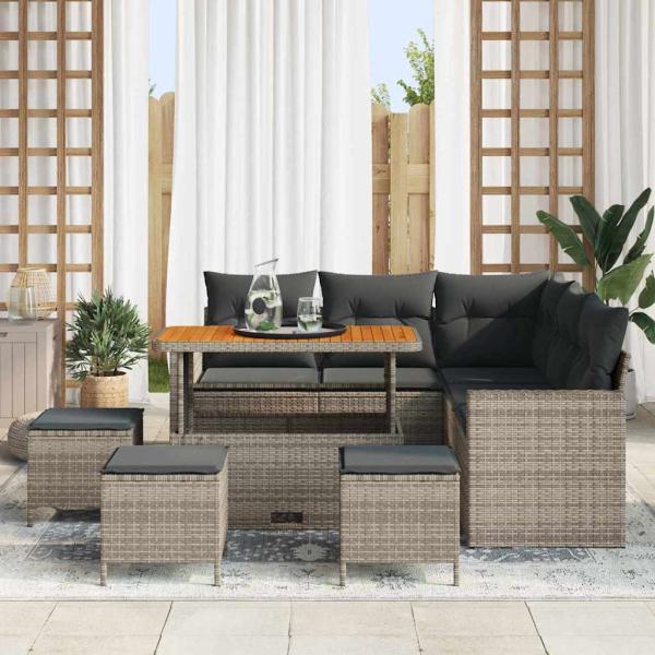 9-teiliges Garten Sofa Set mit Kissen Grau Poly Rattan Akazie, 4-teiliges Garten Essset mit Kissen Grau Poly Rattan Akazie