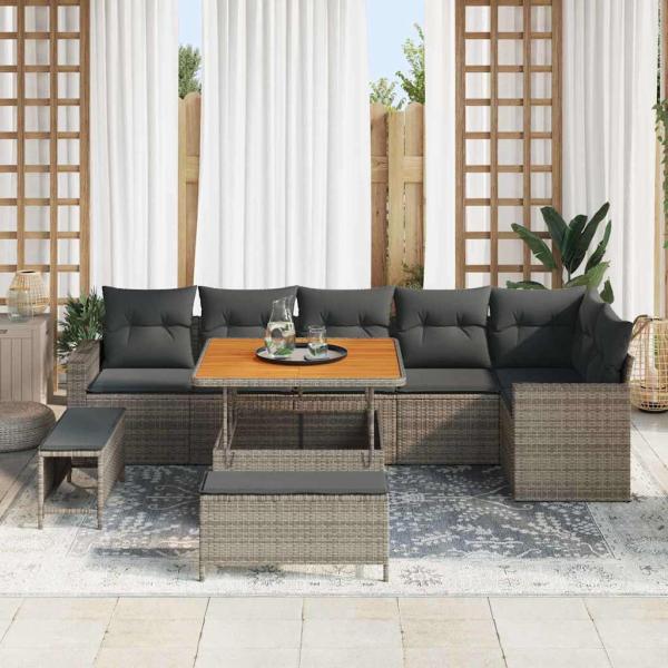 9-teiliges Garten Sofa Set mit Kissen Grau Poly Rattan Akazie, 3-teiliges Garten Essset mit Kissen Grau Poly Rattan Akazie