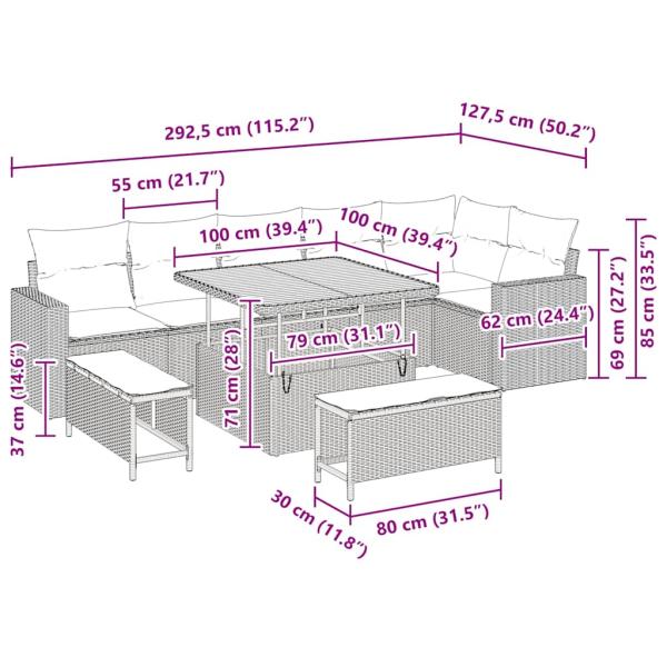 9-teiliges Garten Sofa Set mit Kissen Grau Poly Rattan Akazie, 3-teiliges Garten Essset mit Kissen Grau Poly Rattan Akazie