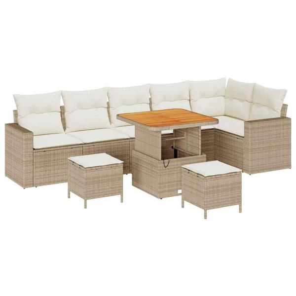 9-Teiliges Garten Sofa Set mit Kissen Beige Poly Rattan Akazie, 3-Teiliges Garten Esstisch Set mit Kissen Beige Poly Rattan Akazie