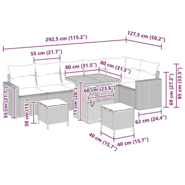 9-Teiliges Garten Sofa Set mit Kissen Beige Poly Rattan Akazie, 3-Teiliges Garten Esstisch Set mit Kissen Beige Poly Rattan Akazie