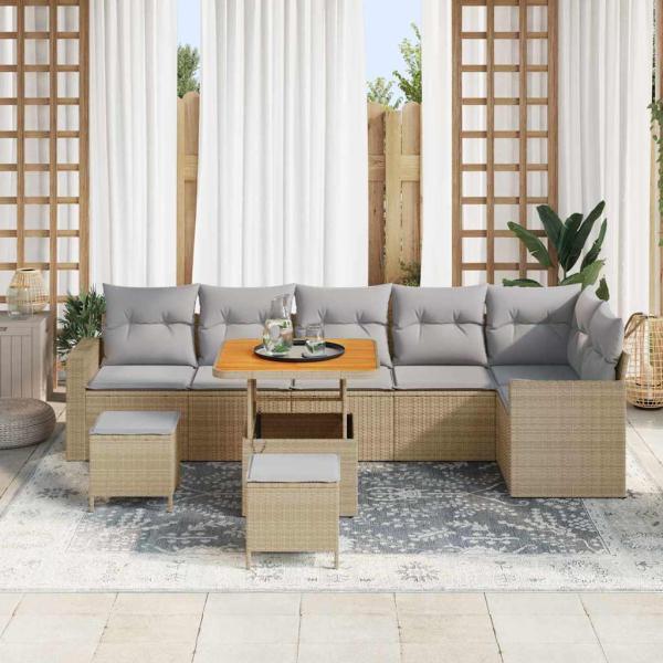 9-teiliges Garten Sofa Set mit Kissen Beige Poly Rattan Akazie, 3-teiliges Garten Esszimmer Set mit Kissen Beige Poly Rattan Akazie