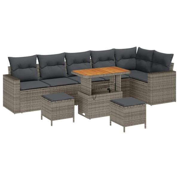 9-teiliges Garten-Sofa-Set mit Kissen Grau Poly-Rattan Akazie, 3-teiliges Garten-Ess-Set mit Kissen Grau Poly-Rattan Akazie