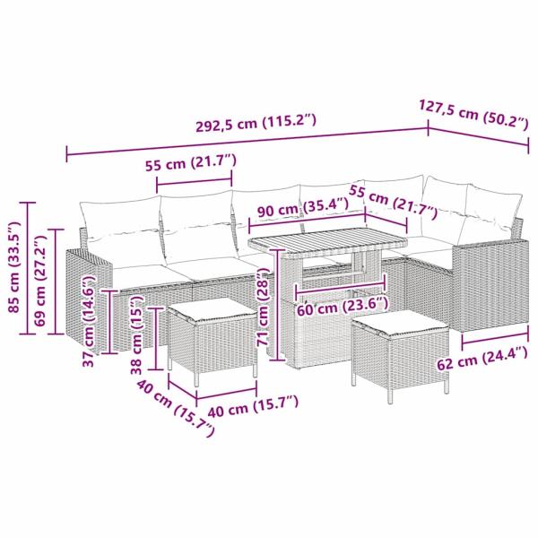 9-teiliges Garten-Sofa-Set mit Kissen Grau Poly-Rattan Akazie, 3-teiliges Garten-Ess-Set mit Kissen Grau Poly-Rattan Akazie