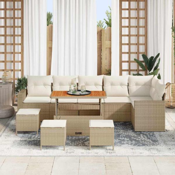 10-teiliges Garten Sofa Set mit Kissen Beige Poly Rattan Akazie, 4-teiliges Garten Essset mit Kissen Beige Poly Rattan Akazie