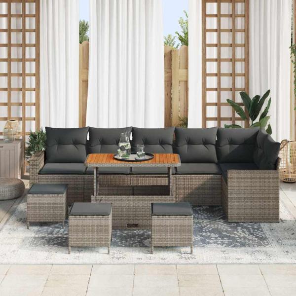 10-teiliges Garten Sofa Set mit Kissen Grau Poly Rattan Akazie, 4-teiliges Garten Esszimmer Set mit Kissen Grau Poly Rattan Akazie