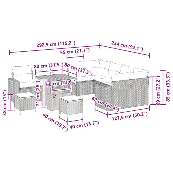 12-teiliges Garten Sofa Set mit Kissen Schwarz Poly Rattan Akazie, 3-teiliges Garten Esszimmer Set mit Kissen Schwarz Poly Rattan Akazie