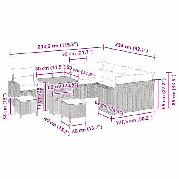 12-teiliges Garten-Sofa-Set mit Kissen Beigefarbenes Poly-Rattan Akazie, 3-teiliges Garten-Essgruppen-Set mit Kissen Beigefarbenes Poly-Rattan Akazie