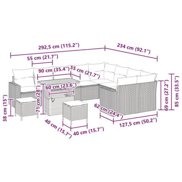 12-teiliges Garten Sofa Set mit Kissen Schwarzes Poly-Rattan Akazie, 3-teiliges Garten Esstisch Set mit Kissen Schwarzes Poly-Rattan Akazie