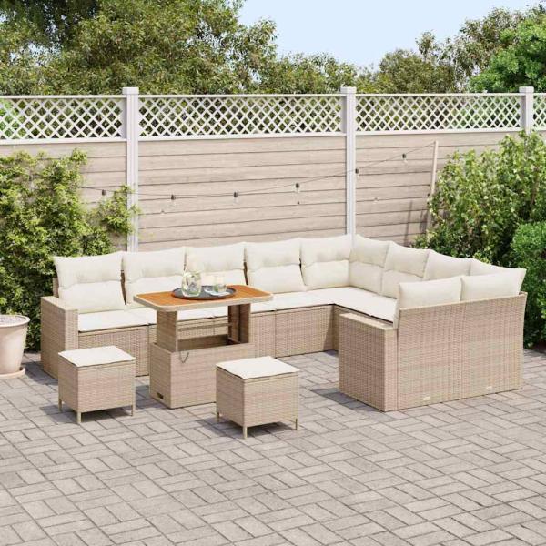 12-teiliges Garten Sofa Set mit Kissen in Beige Poly Rattan, 3-teiliges Garten Esstisch-Set mit Kissen in Beige Poly Rattan
