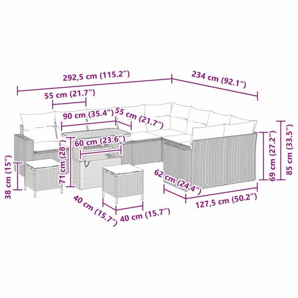 12-teiliges Garten Sofa Set mit Kissen in Beige Poly Rattan, 3-teiliges Garten Esstisch-Set mit Kissen in Beige Poly Rattan