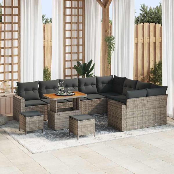 ARDEBO.de - 12-teiliges Garten Sofa Set mit Kissen Grau Poly Rattan Akazie, 3-teiliges Garten Esszimmer Set mit Kissen Grau Poly Rattan Akazie