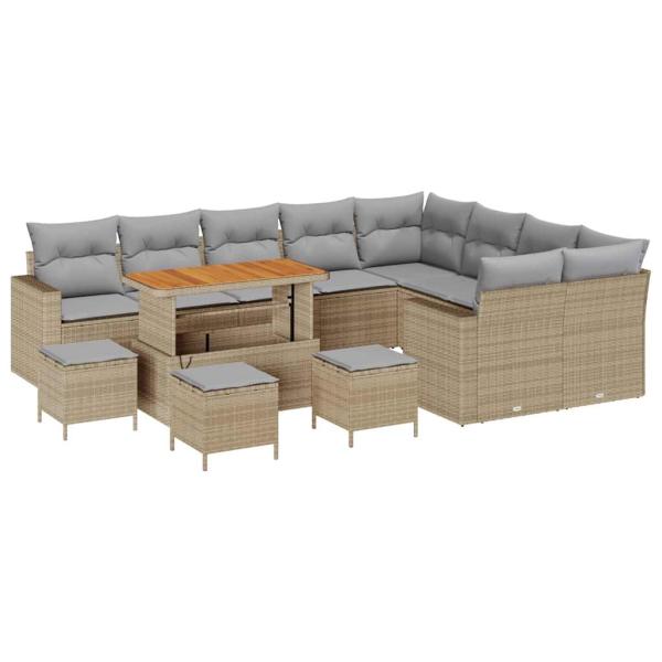 13-teiliges Garten Sofa Set mit Kissen Beige Poly Rattan Akazie, 4-teiliges Garten Esszimmer-Set mit Kissen Beige Poly Rattan Akazie