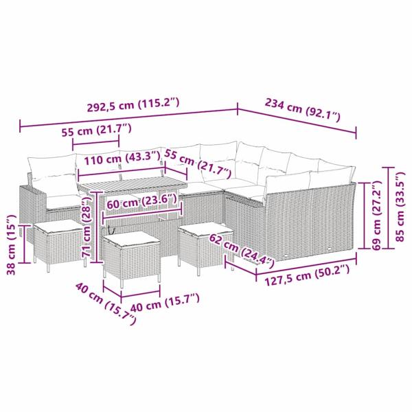 13-teiliges Garten Sofa Set mit Kissen Beige Poly Rattan Akazie, 4-teiliges Garten Esszimmer-Set mit Kissen Beige Poly Rattan Akazie
