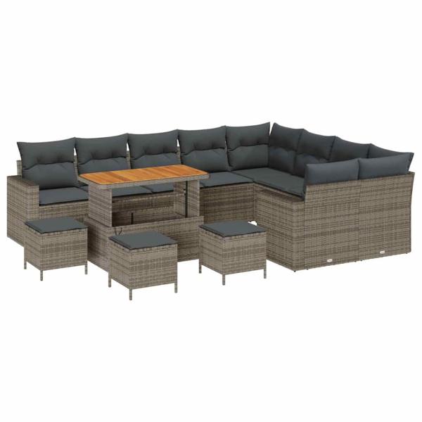 13-teiliges Garten Sofa Set mit Kissen Grau Poly Rattan Akazie, 4-teiliges Garten Esszimmer Set mit Kissen Grau Poly Rattan Akazie