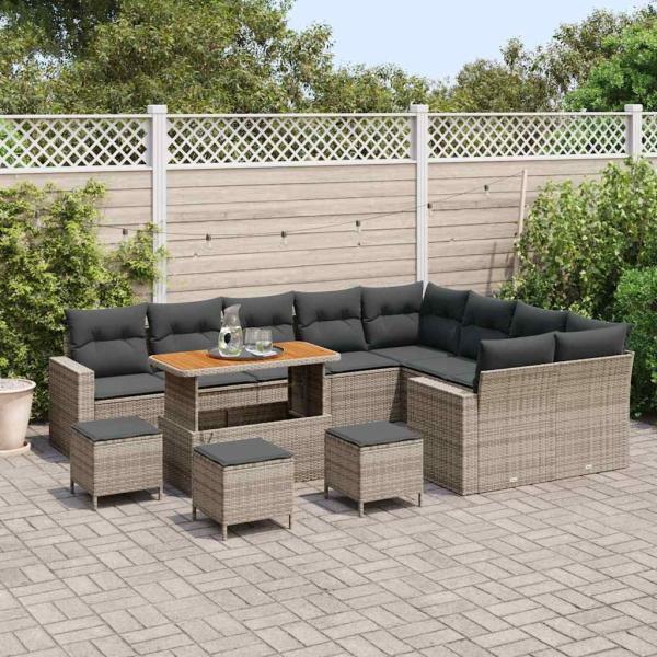 13-teiliges Garten Sofa Set mit Kissen Grau Poly Rattan Akazie, 4-teiliges Garten Esszimmer Set mit Kissen Grau Poly Rattan Akazie
