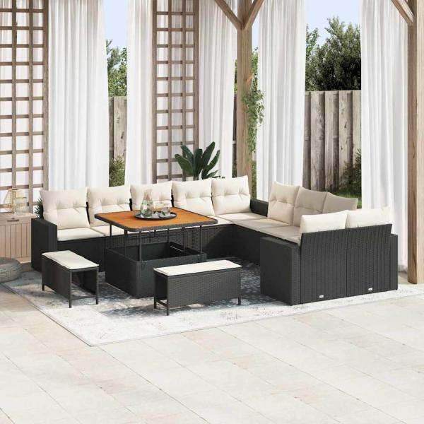 ARDEBO.de - 13-teilige Garten Sofa Set mit Kissen Schwarz Poly Rattan Akazie, 3-teilige Garten Essgruppe mit Kissen Schwarz Poly Rattan Akazie