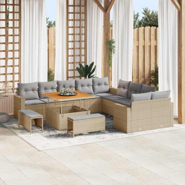 ARDEBO.de - 13-teiliges Garten Sofa Set mit Kissen Beige Poly Rattan Akazie, 3-teiliges Garten Essset mit Kissen Beige Poly Rattan Akazie