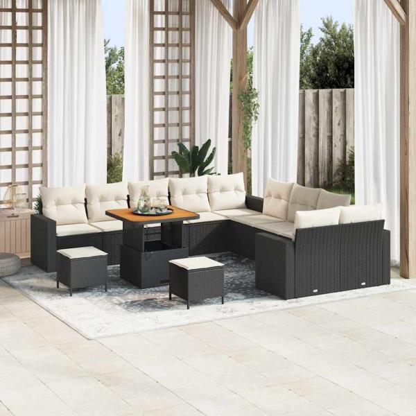 ARDEBO.de - 13-teiliges Garten Sofa Set mit Kissen Schwarz Poly Rattan Akazie, 3-teiliges Garten Ess-Set mit Kissen Schwarz Poly Rattan Akazie